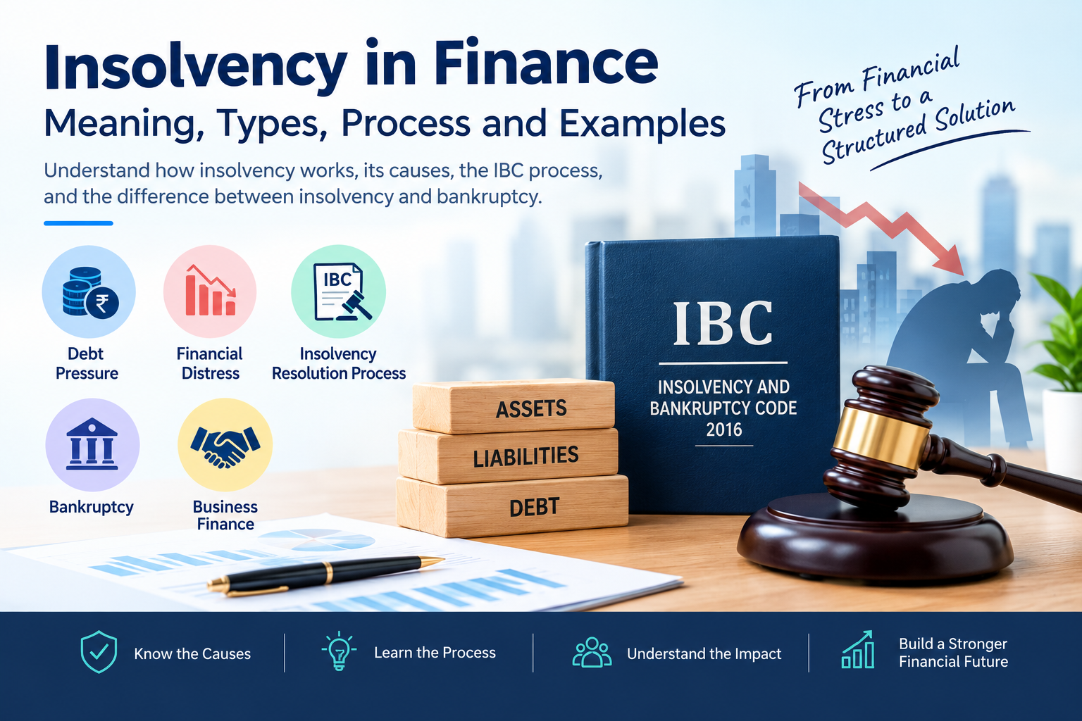 Insolvency in finance explained with debt, financial distress, IBC insolvency resolution process, bankruptcy, and business finance in India