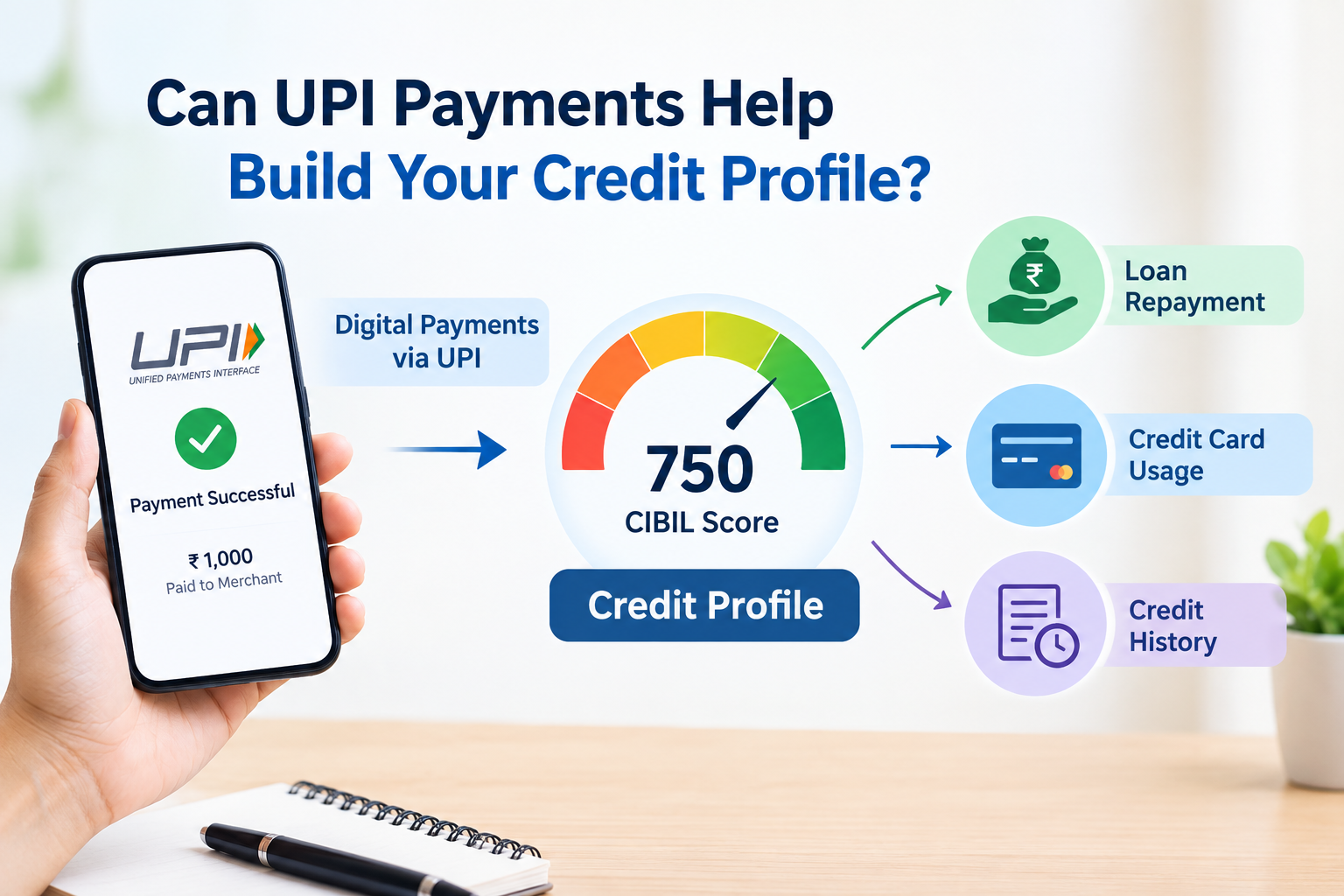 UPI payments and credit profile showing digital payments, CIBIL Score, loan repayment, credit card and credit history