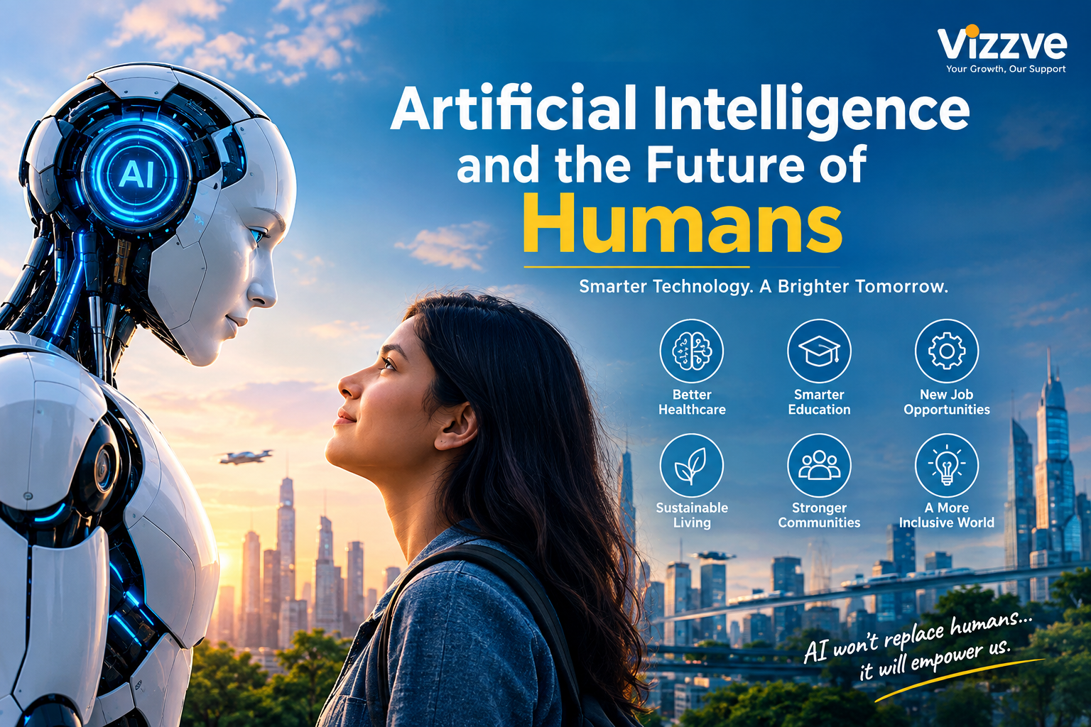 Futuristic illustration of humans collaborating with AI robots in an office, symbolizing artificial intelligence shaping the future of work, healthcare, and daily life.