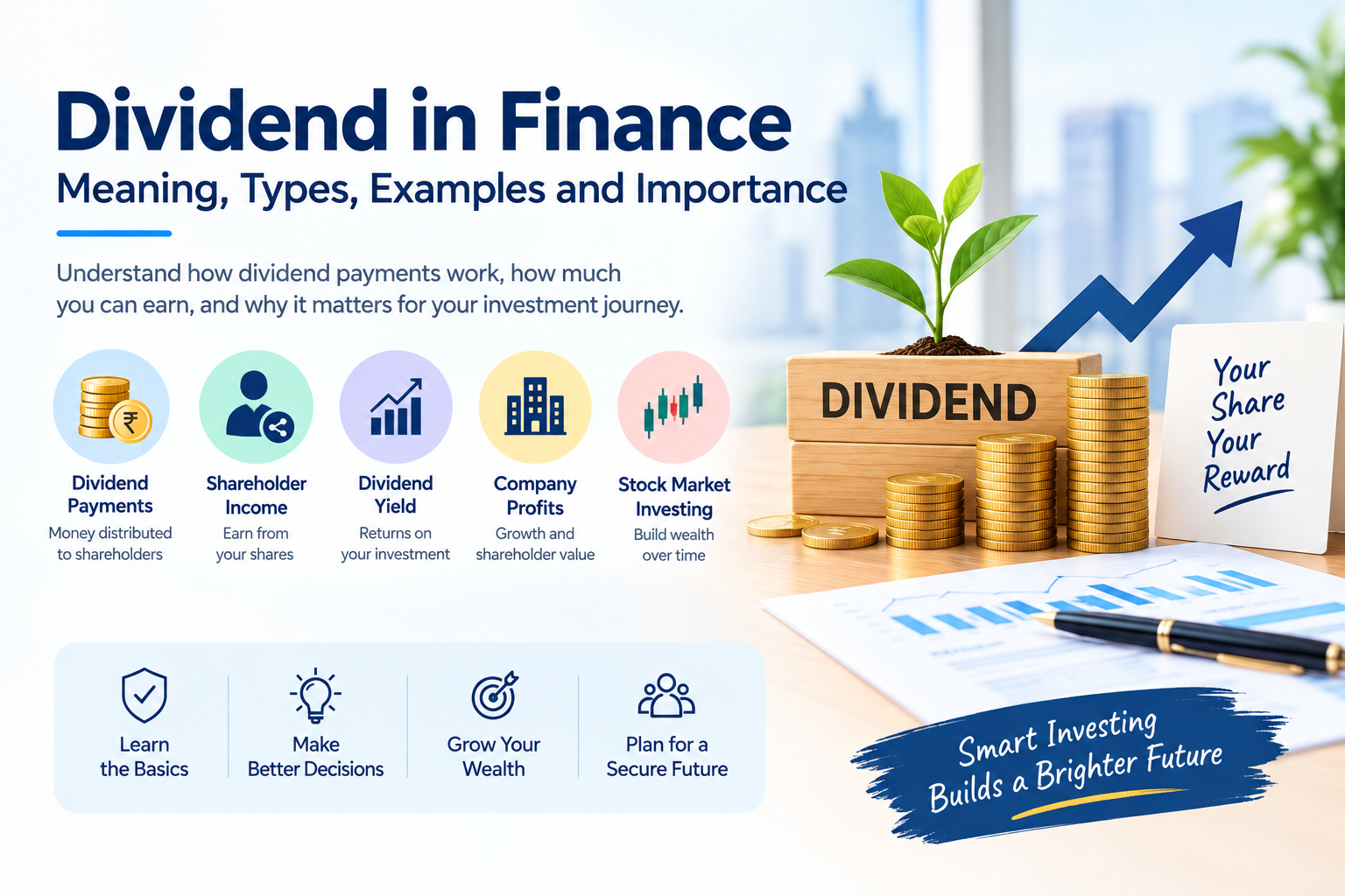 Dividend in finance explained with dividend payments, shareholder income, dividend yield, company profits, and stock market investing in India.”