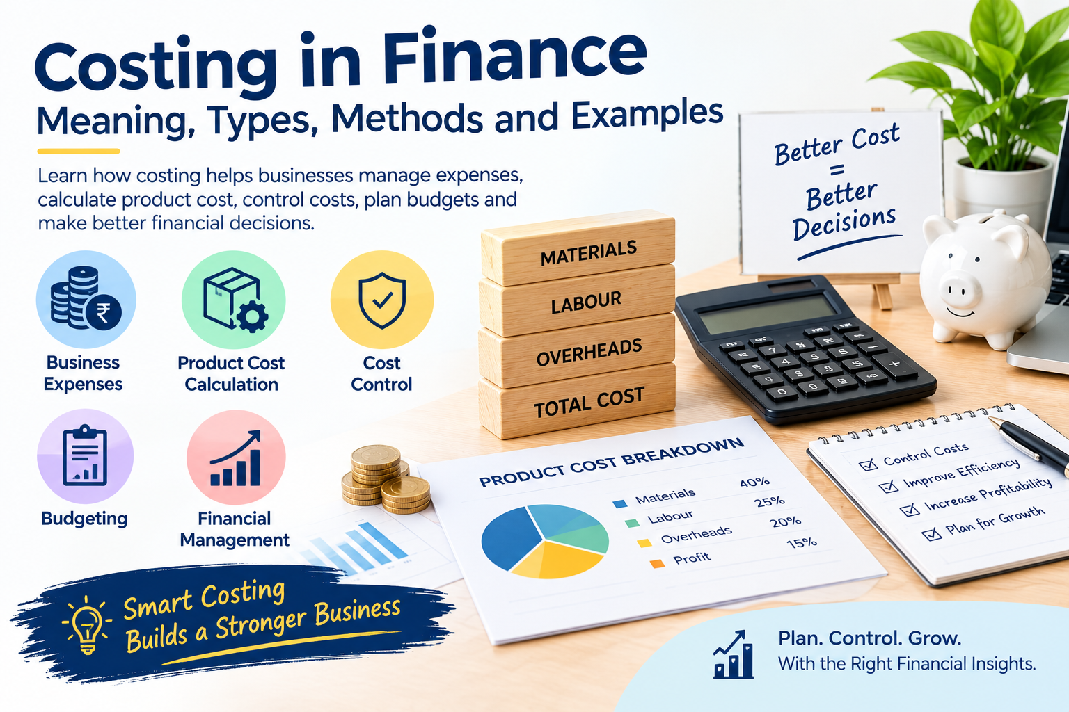 Costing in finance explained with business expenses, product cost calculation, cost control, budgeting and financial management in India.
