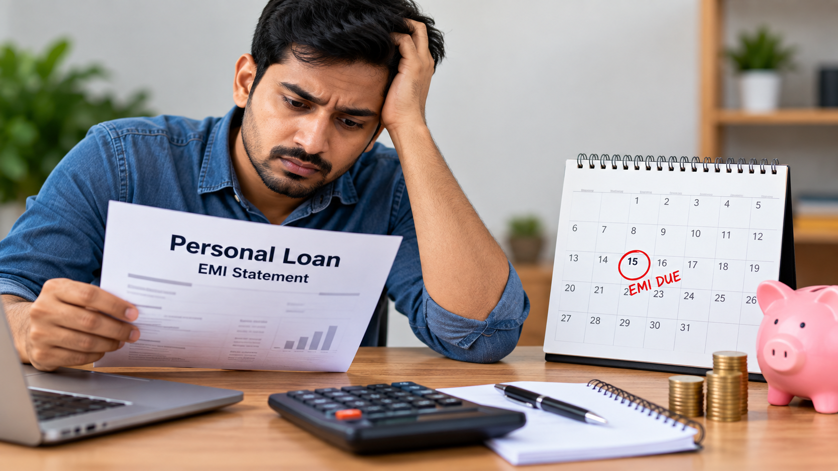 Personal loan repayment reminder beside a calendar, calculator and overdue EMI statement, illustrating the consequences of missing a loan payment.