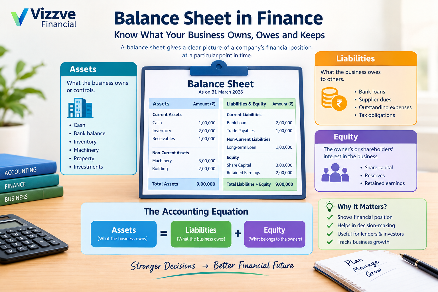 Balance sheet in finance showing assets, liabilities, equity, accounting equation and business financial position in India.