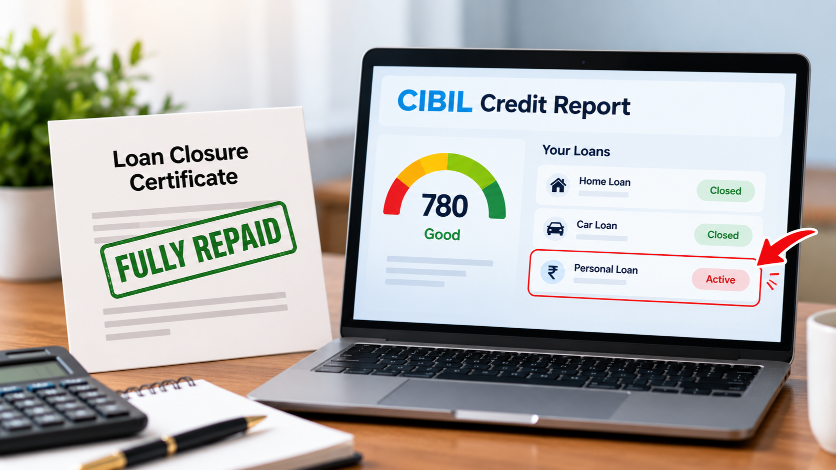 A loan closure certificate beside a laptop displaying a credit report, illustrating how to correct an outdated loan status in CIBIL.