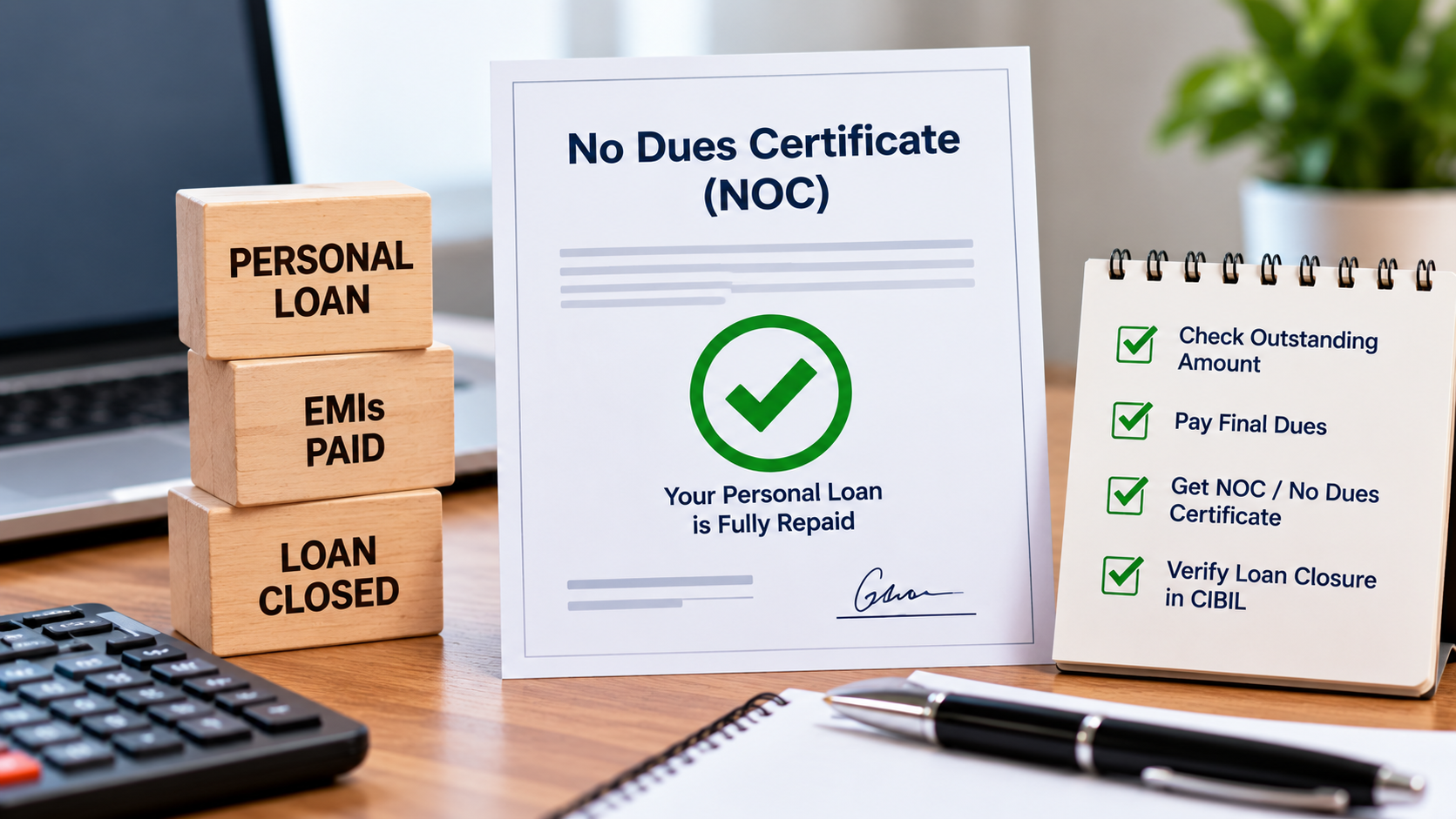 Personal loan closure certificate and No Dues Certificate beside a laptop, calculator and loan repayment documents.