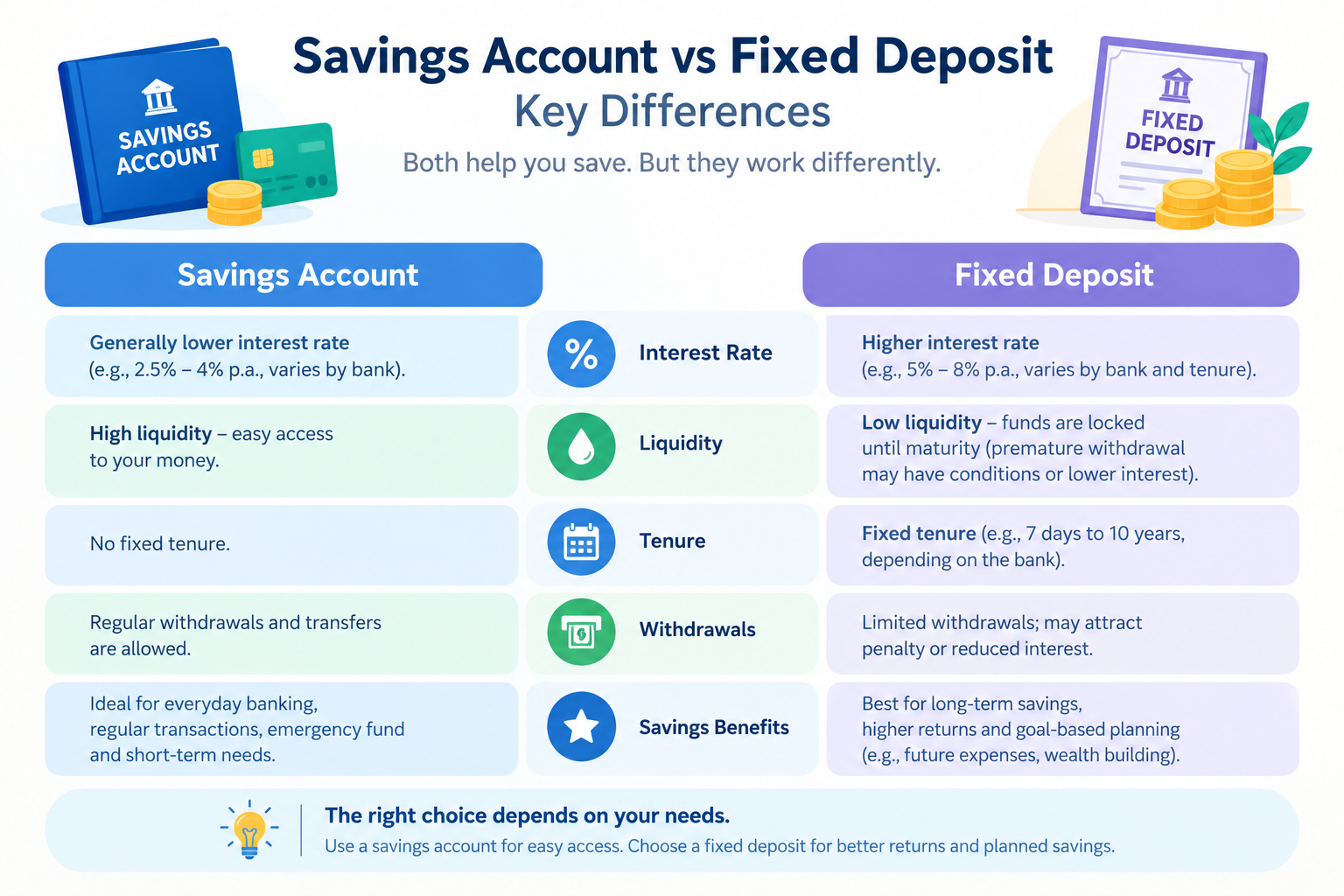 Savings account vs fixed deposit comparison showing interest rates, liquidity, tenure, withdrawals and savings benefits