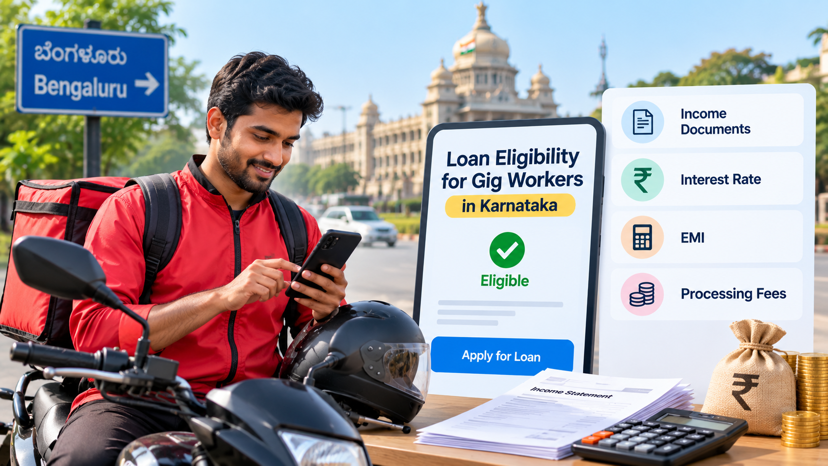 Gig worker checking loan eligibility, income documents, EMI and processing fees in Karnataka