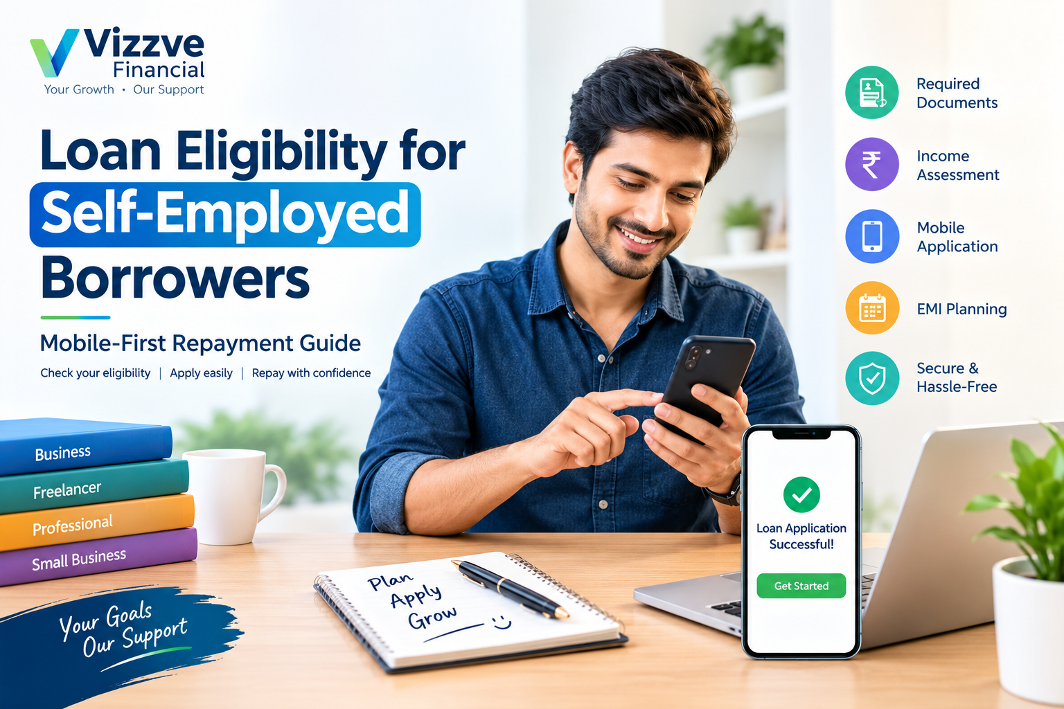 Loan eligibility for self-employed borrowers in India showing mobile loan application, income verification, documents, EMI planning and repayment.