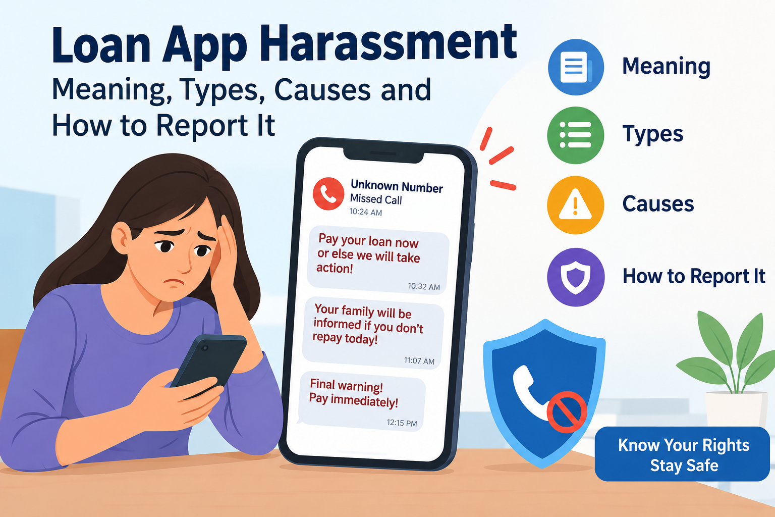 Loan app harassment showing a stressed borrower receiving threatening calls and messages on a smartphone