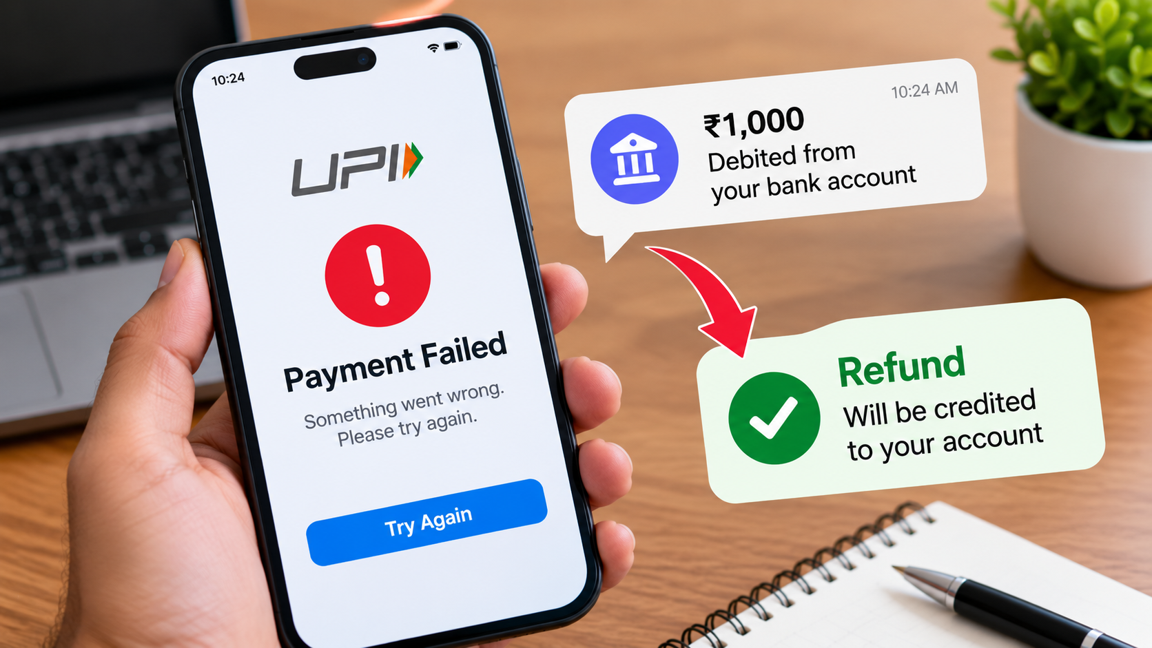 UPI payment failed but money debited from bank account, showing refund and complaint steps