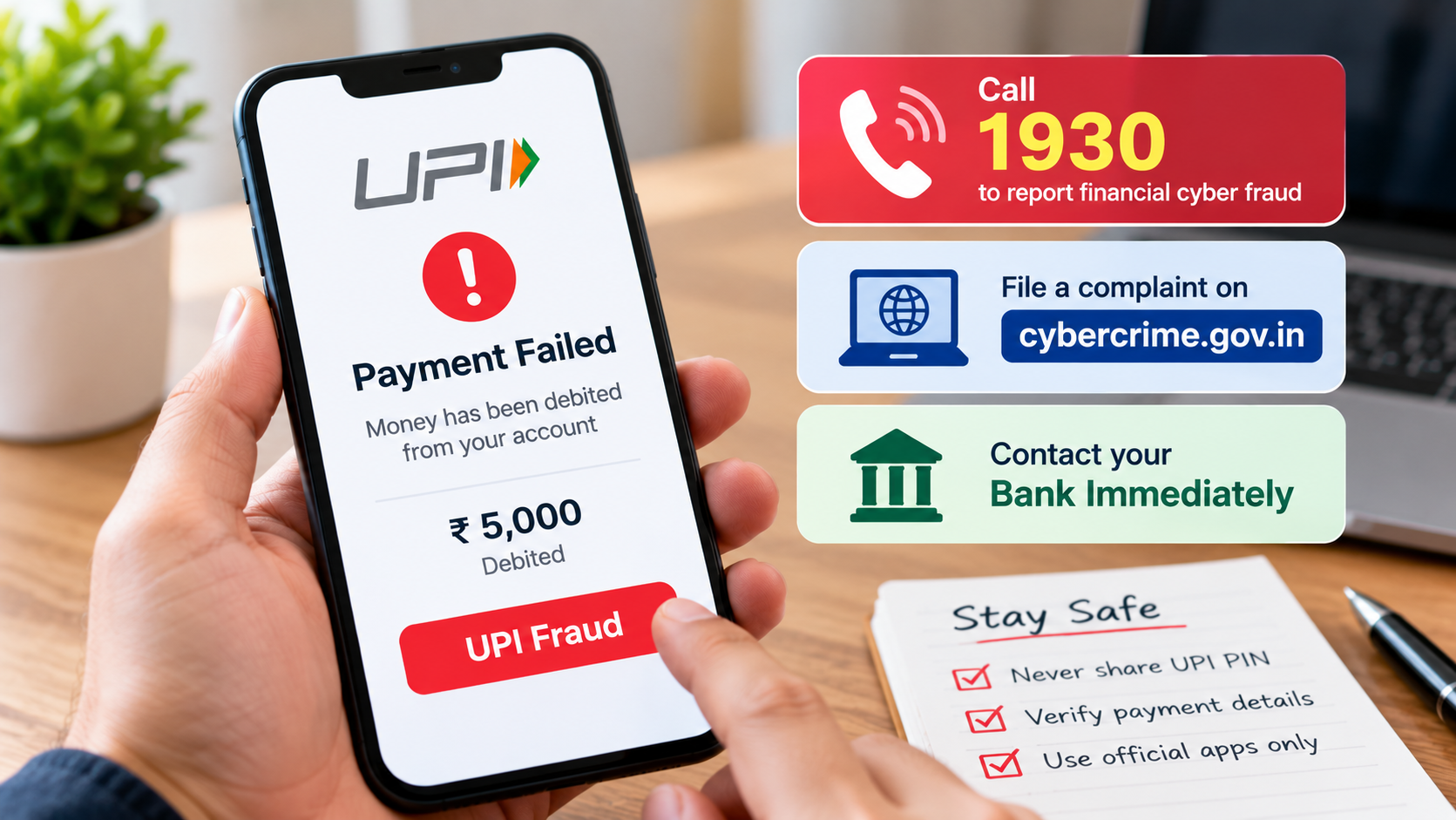 UPI fraud warning on a smartphone with a bank complaint and cybercrime reporting reminder