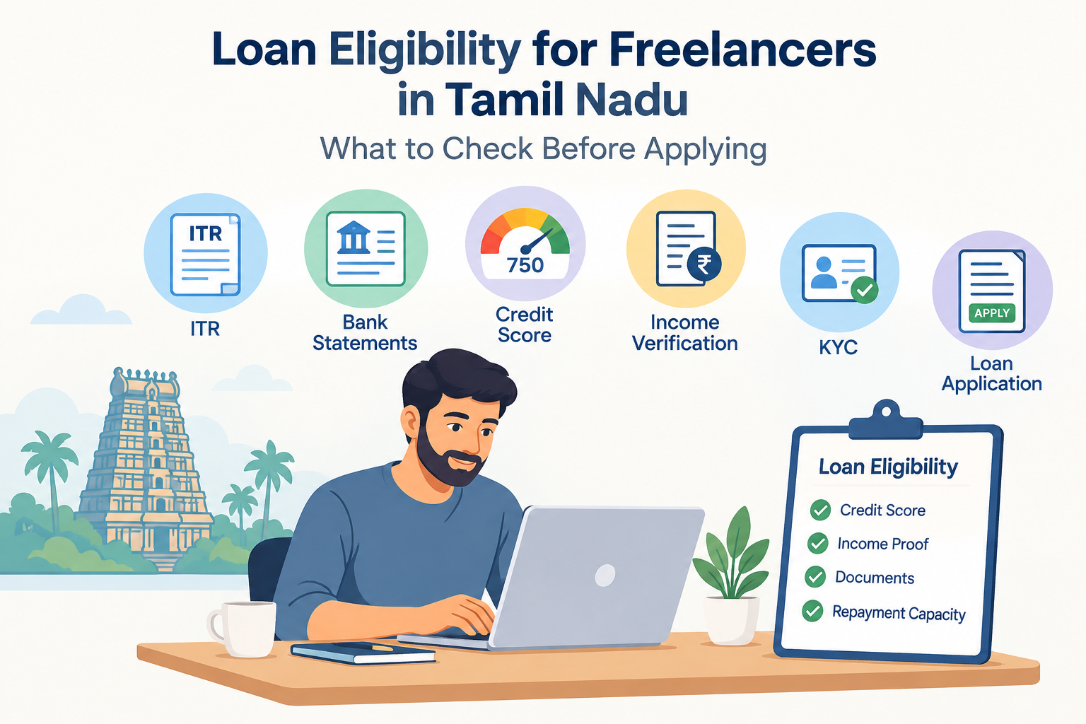 Text: Loan eligibility for freelancers in Tamil Nadu showing ITR, bank statements, credit score, income verification, KYC and loan application checks.