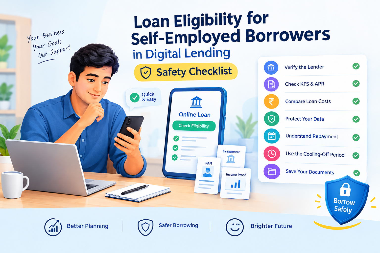 Loan eligibility for self-employed digital borrowers in India with online loan application, document verification, credit check, and digital lending safety checklist.