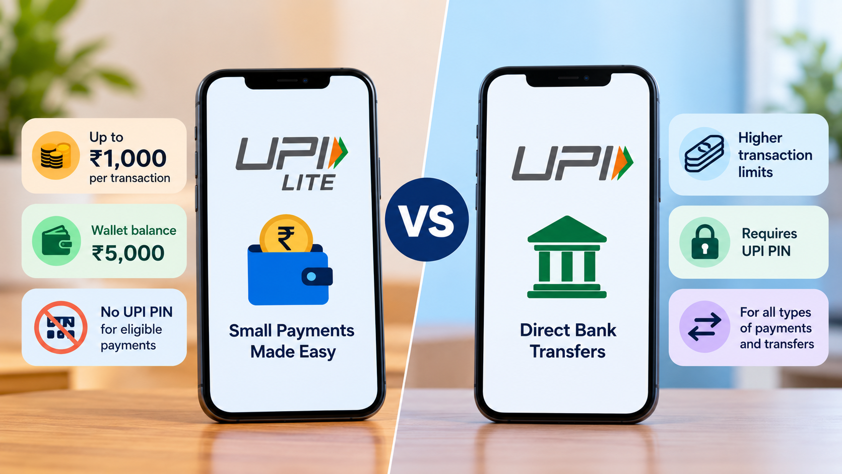 UPI Lite vs UPI comparison showing transaction limits, wallet balance, and payment benefits