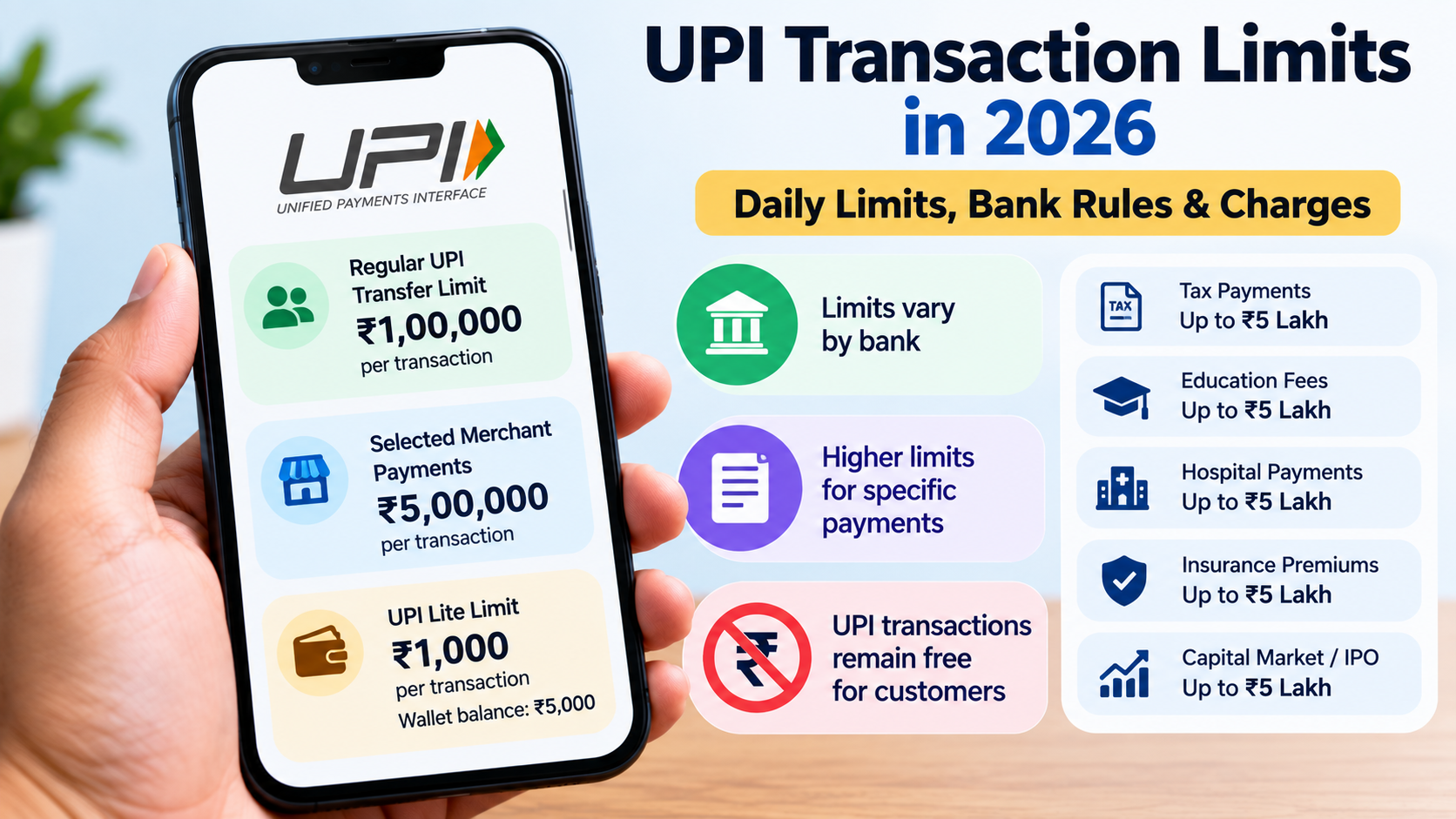 UPI transaction limits in India in 2026 showing daily transfer limits, bank rules, and payment charges