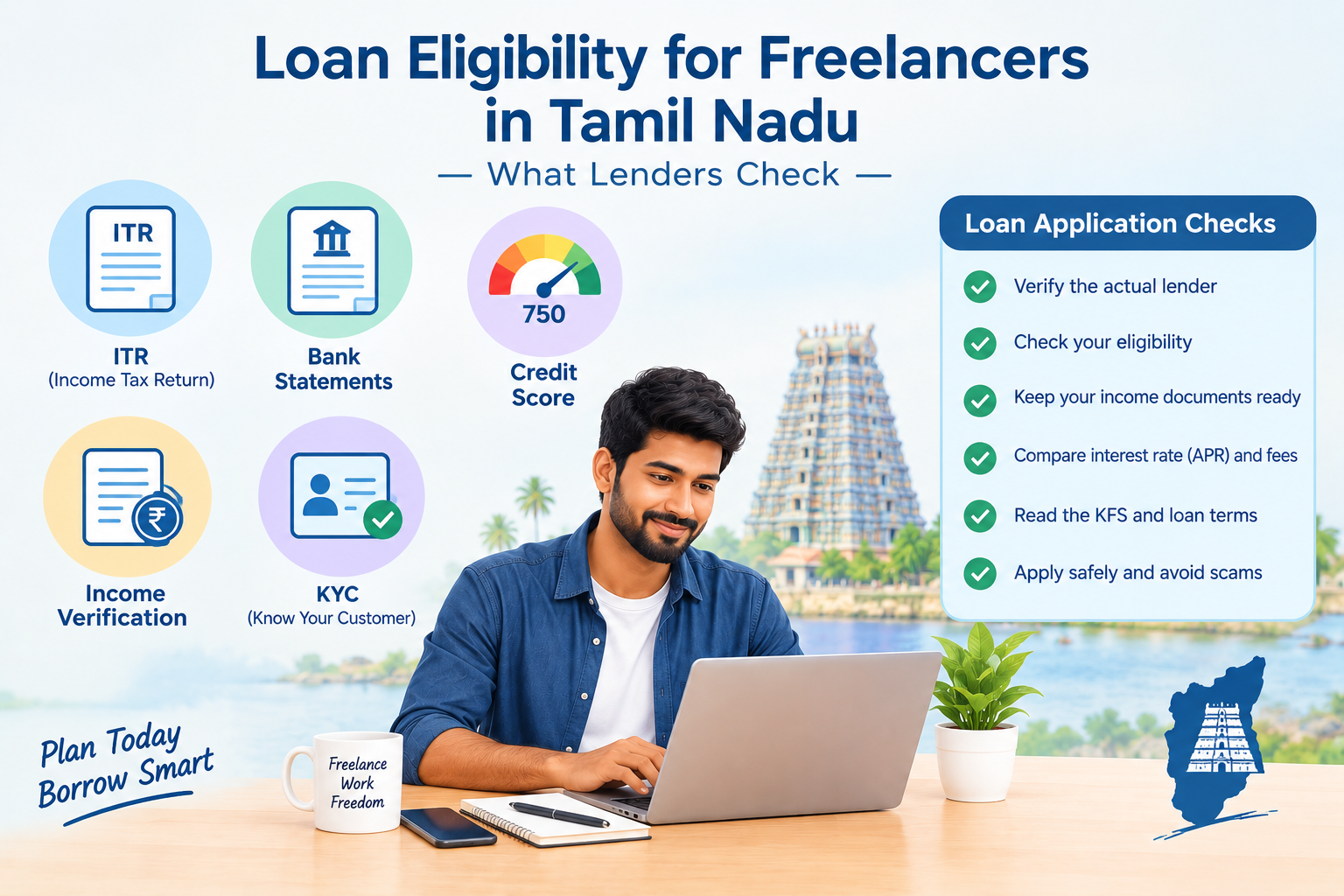 Loan eligibility for freelancers in Tamil Nadu showing ITR, bank statements, credit score, income verification, KYC and loan application checks