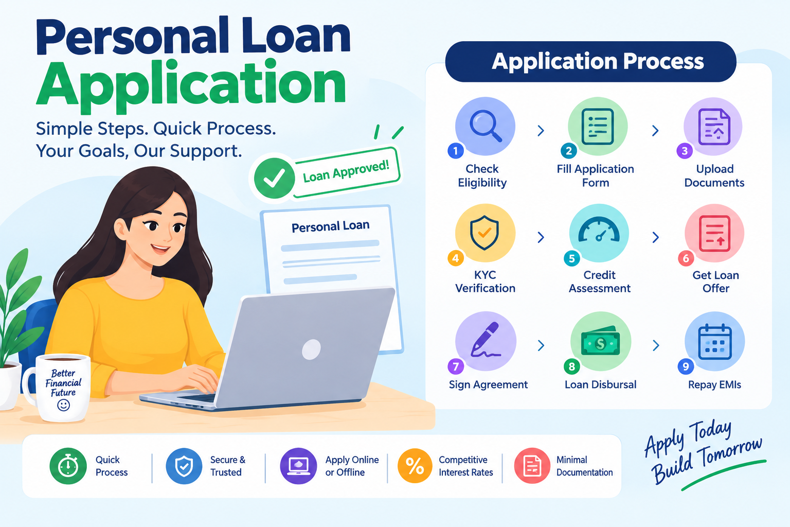 Personal loan application illustration showing an individual completing an online loan application with eligibility check, document upload, KYC verification, credit assessment, loan approval, disbursal, and EMI repayment steps.