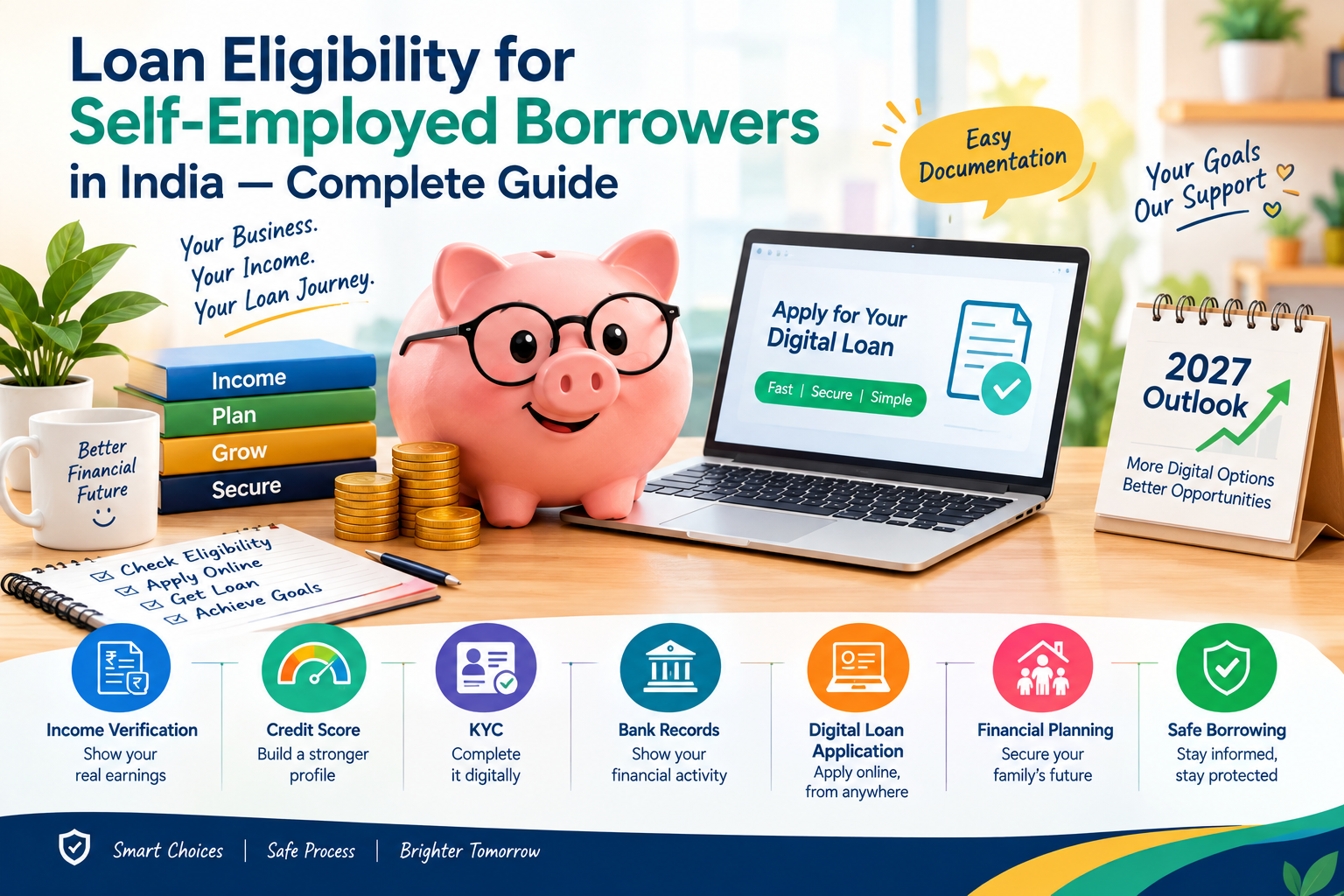 Loan eligibility for self-employed digital borrowers in India, showing income verification, credit score, KYC, bank records, digital loan application, family financial planning, and safe borrowing.