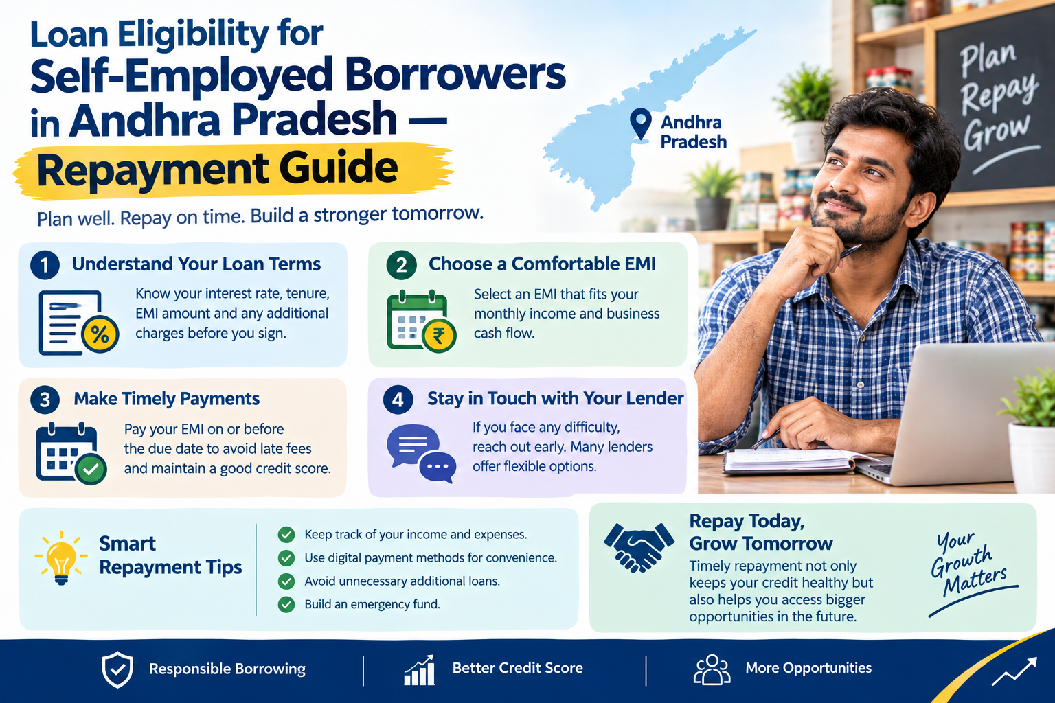 Self-employed borrower planning loan repayment in Andhra Pradesh