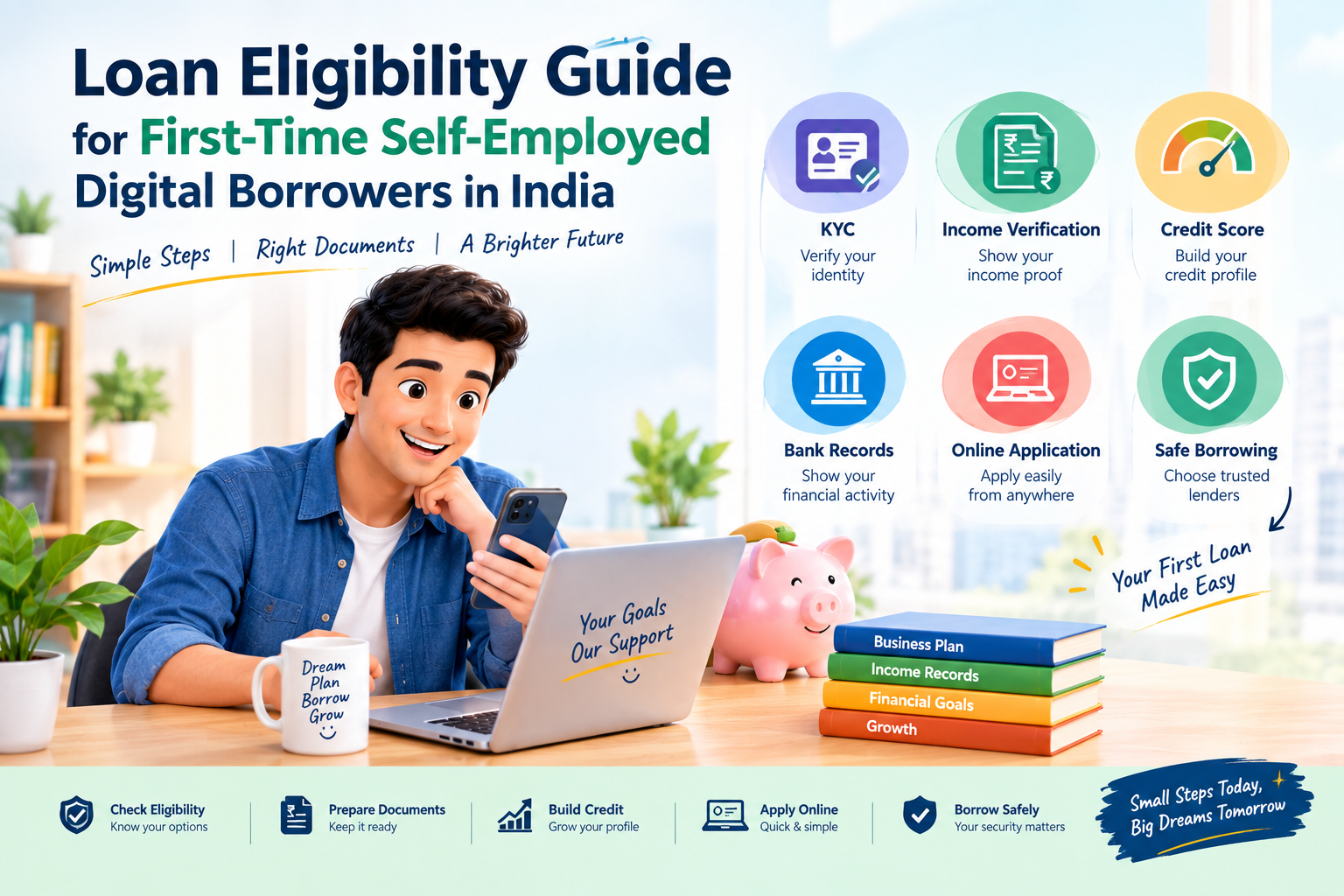 Loan eligibility guide for first-time self-employed digital borrowers in India, showing KYC, income verification, credit score, bank records, online loan application, and safe borrowing.