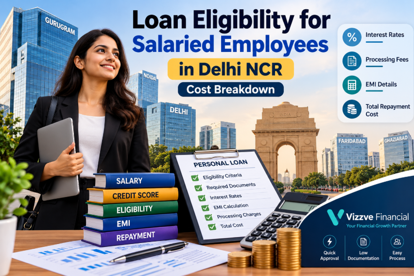 Loan eligibility and cost breakdown for salaried employees in Delhi NCR, including EMI, interest rates, processing fees and repayment costs