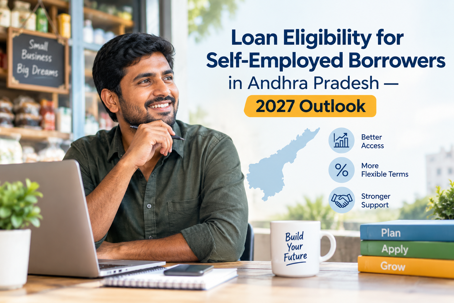 Self-employed entrepreneur in Andhra Pradesh reviewing loan eligibility documents and planning business finance for 2027.
