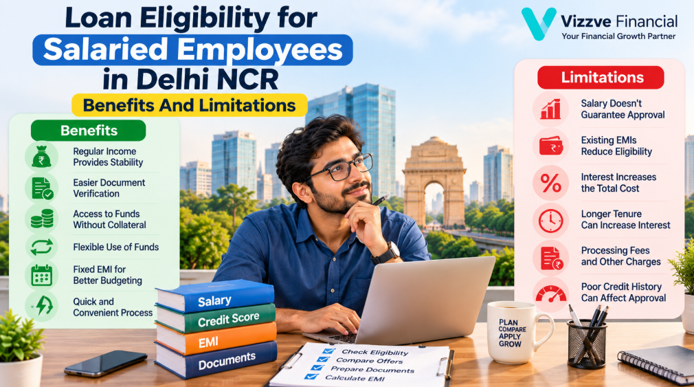 Benefits and limitations of loan eligibility for salaried employees in Delhi NCR, including EMI affordability, credit score, income and repayment factors