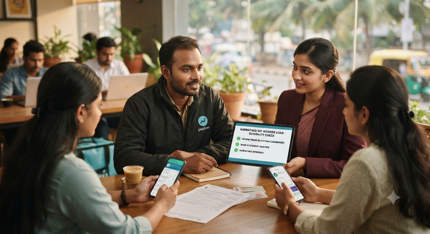 Real-world example of loan eligibility for gig workers in Karnataka, showing a delivery worker reviewing income, bank statements, EMI, documents, and loan affordability.