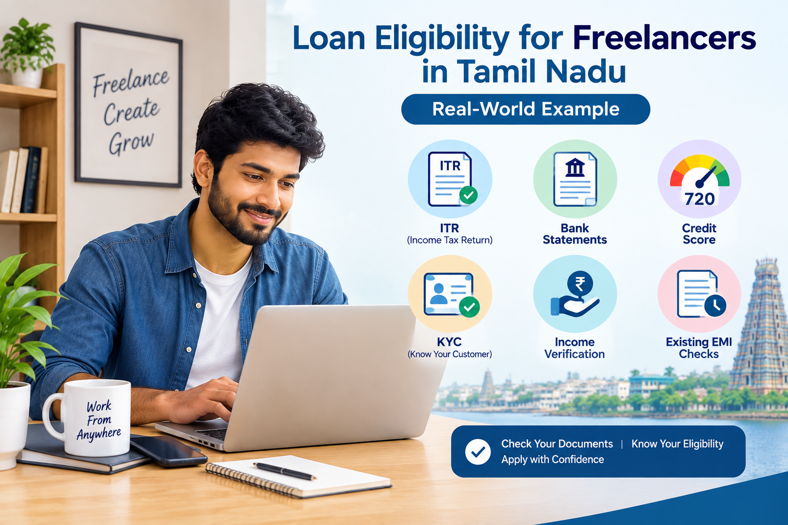 Real-world example of loan eligibility for freelancers in Tamil Nadu showing ITR, bank statements, credit score, KYC, income verification and existing EMI checks.