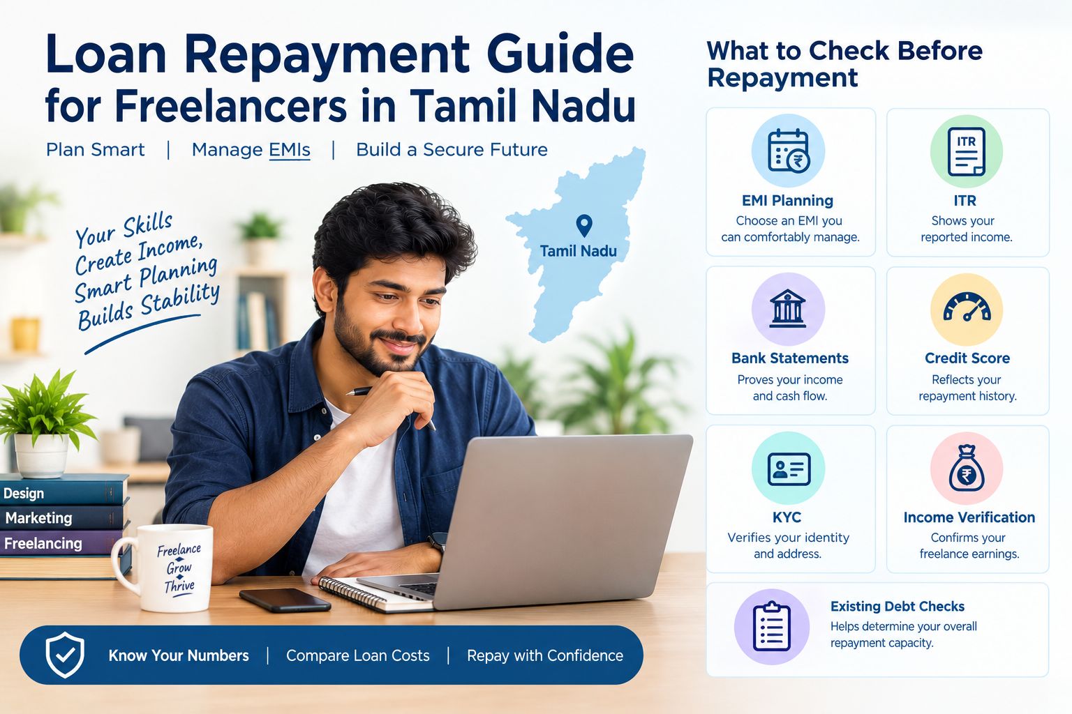 Loan repayment guide for freelancers in Tamil Nadu showing EMI planning, ITR, bank statements, credit score, KYC, income verification and existing debt checks.
