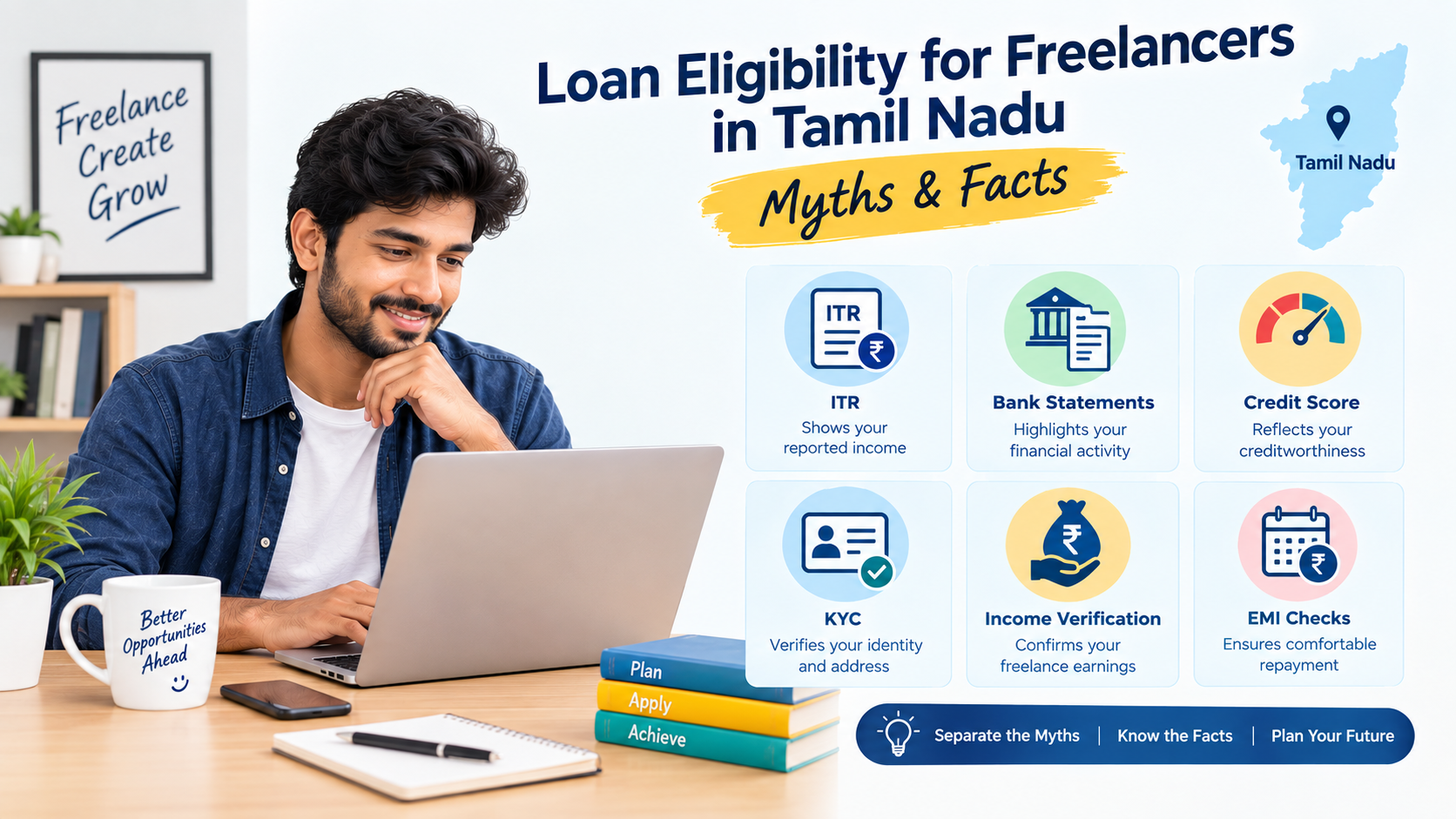 Loan eligibility myths and facts for freelancers in Tamil Nadu showing ITR, bank statements, credit score, KYC, income verification and EMI checks.