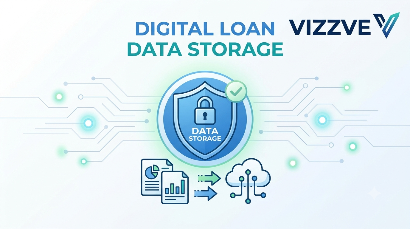 Digital loan data storage in India showing secure borrower data, KYC information, financial records, privacy, and digital lending security.