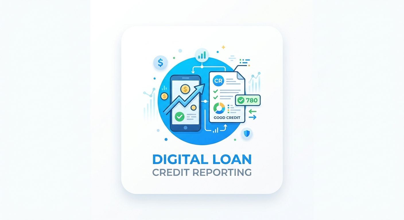 Digital loan credit reporting in India showing online loan repayment, credit history, credit score, and responsible digital borrowing.