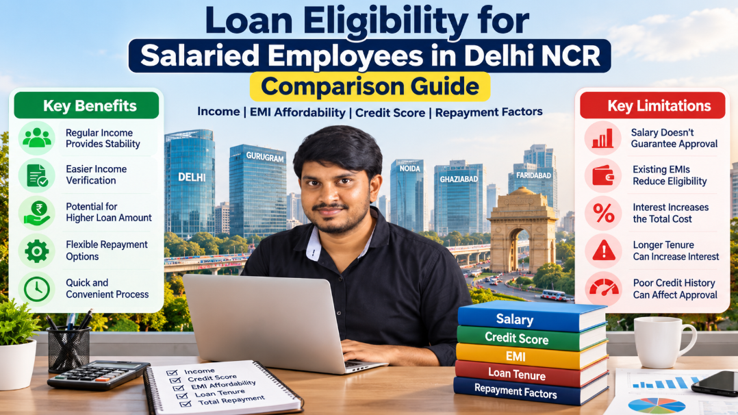 Loan eligibility comparison for salaried employees in Delhi NCR, including income, EMI affordability, credit score, loan tenure and repayment factors