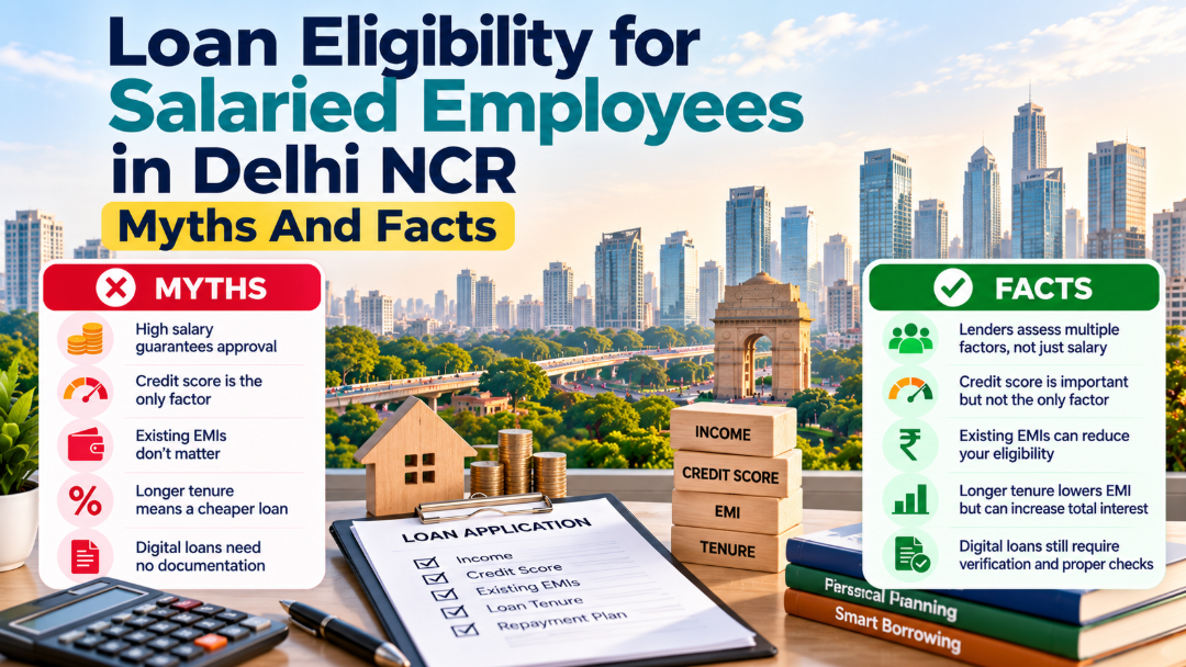 Loan eligibility myths and facts for salaried employees in Delhi NCR, covering salary, credit score, EMI affordability, income, existing loans and repayment capacity