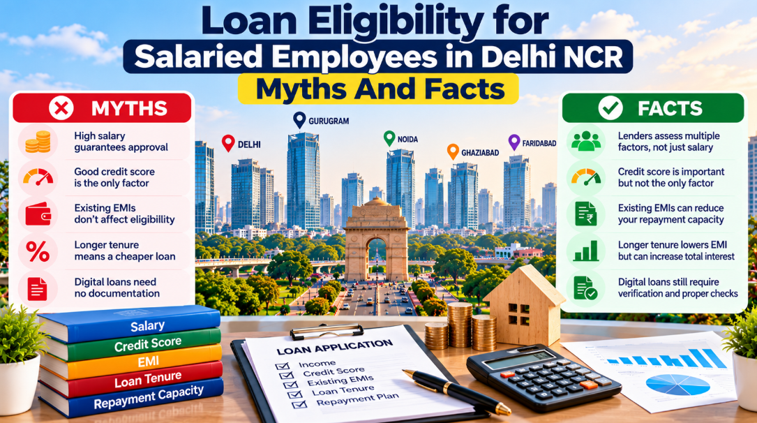 Loan eligibility myths and facts for salaried employees in Delhi NCR, covering salary, credit score, EMI, loan tenure and repayment capacity