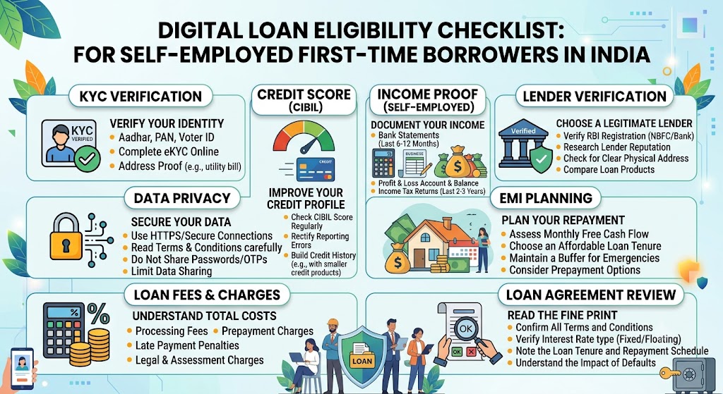 Digital loan eligibility checklist for self-employed first-time borrowers in India, showing KYC verification, credit score, income proof, lender verification, loan fees and EMI planning.