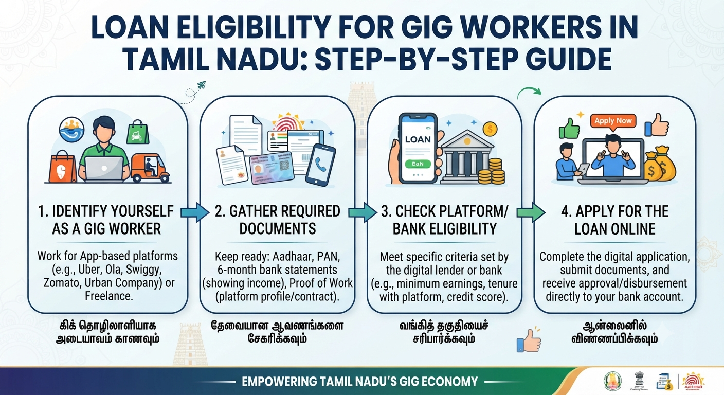 Loan eligibility for gig workers in Tamil Nadu step-by-step guide showing income proof, credit score, documents, loan application, and EMI repayment.