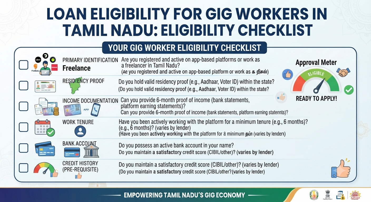 Loan eligibility checklist for gig workers in Tamil Nadu covering income, credit score, documents, existing EMIs, repayment capacity, and loan application.