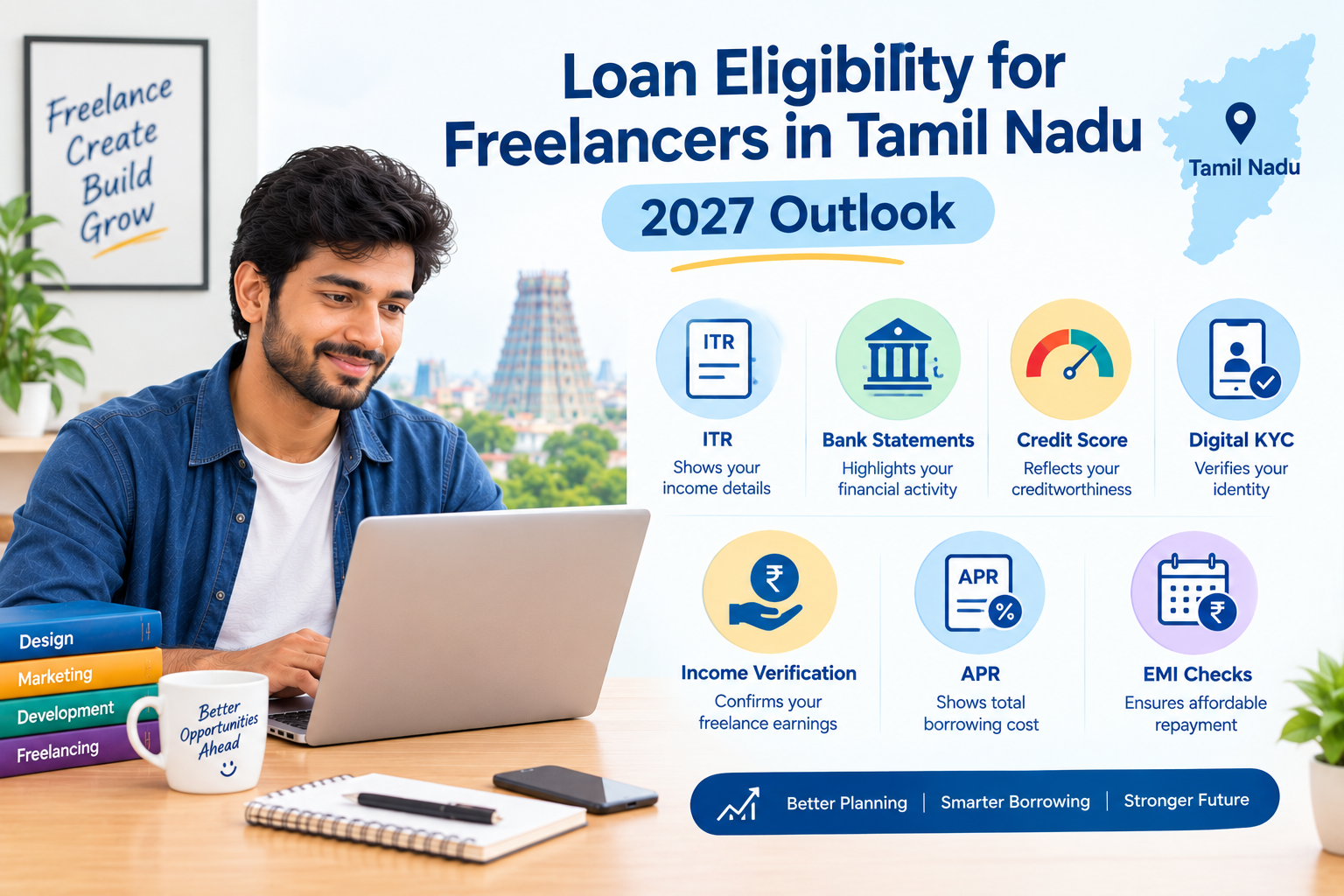 2027 outlook for loan eligibility for freelancers in Tamil Nadu showing ITR, bank statements, credit score, digital KYC, income verification, APR and EMI checks.