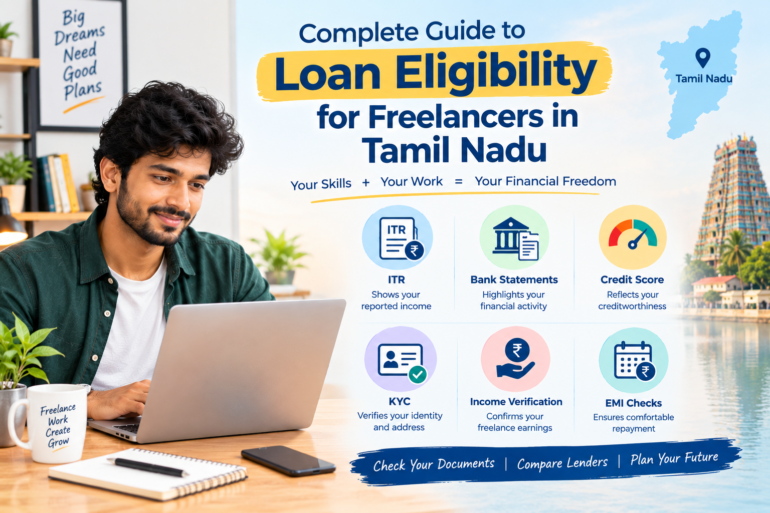 Complete guide to loan eligibility for freelancers in Tamil Nadu showing ITR, bank statements, credit score, KYC, income verification and EMI checks.