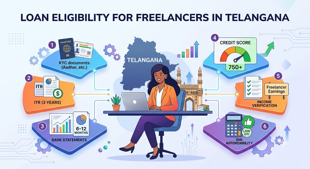 Loan eligibility for freelancers in Telangana showing ITR, bank statements, credit score, KYC, income verification and EMI checks.
