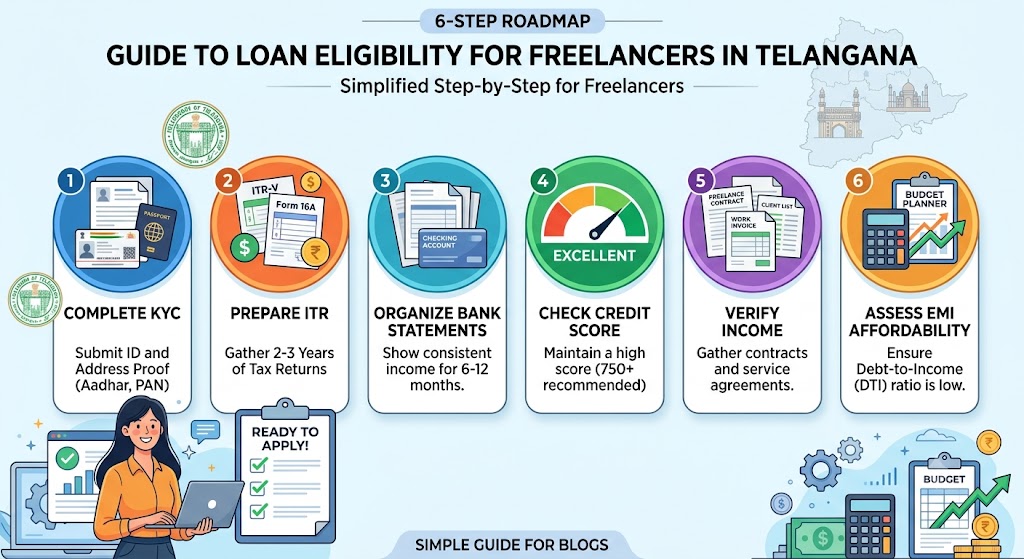 Step-by-step loan eligibility guide for freelancers in Telangana showing ITR, bank statements, credit score, KYC, income verification and EMI checks.