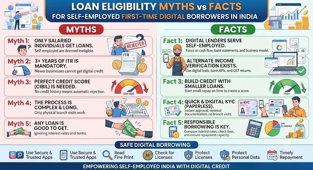 Loan eligibility myths and facts for self-employed first-time digital borrowers in India, showing KYC, income verification, credit score, documents, EMI planning, and safe digital borrowing.