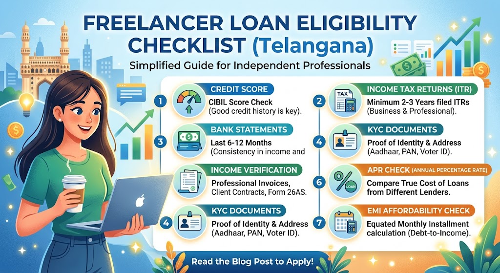 Loan eligibility checklist for freelancers in Telangana showing credit score, ITR, bank statements, KYC, income verification, APR and EMI checks.