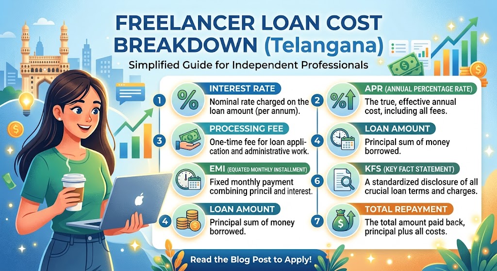 Text: Loan cost breakdown for freelancers in Telangana showing interest rate, APR, processing fee, EMI, KFS and total repayment.