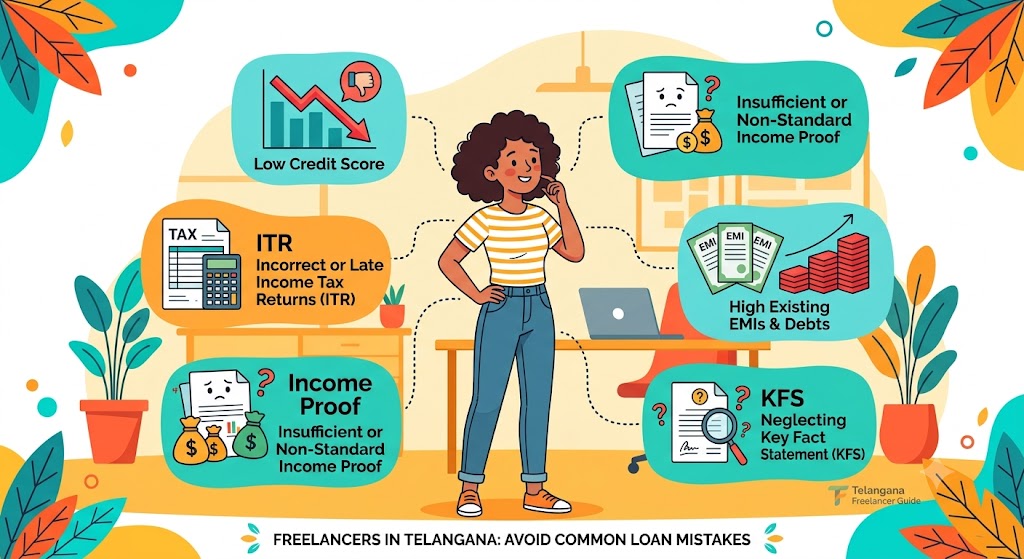 Common loan eligibility mistakes for freelancers in Telangana involving credit score, ITR, income proof, bank statements, EMIs and KFS.