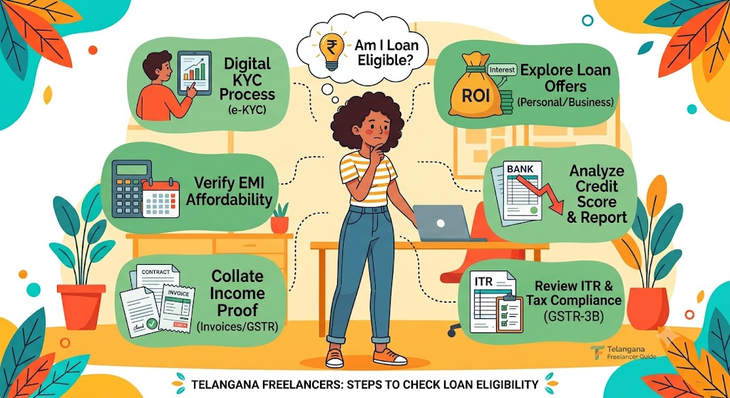 Freelancers in Telangana checking loan eligibility through credit score, ITR, bank statements, KYC, income proof and EMI calculations.
