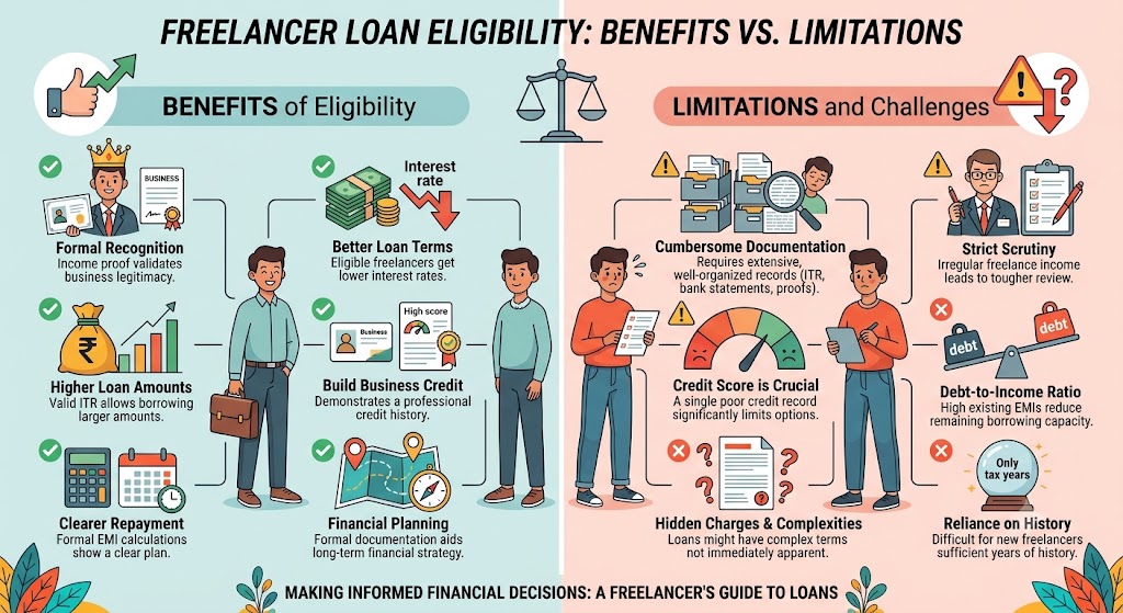 Benefits and limitations of loan eligibility for freelancers in Telangana showing income proof, ITR, credit score, bank statements and EMI checks.