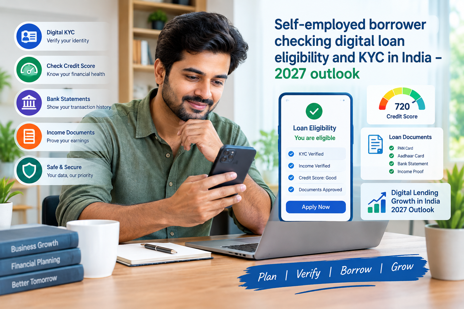 Self-employed borrower checking digital loan eligibility and KYC in India – 2027 outlook.